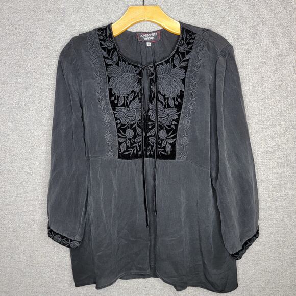 JOHNNY WAS BLACK SILK WITH VELVET DETAILS, SIZE M - Picture 1 of 6